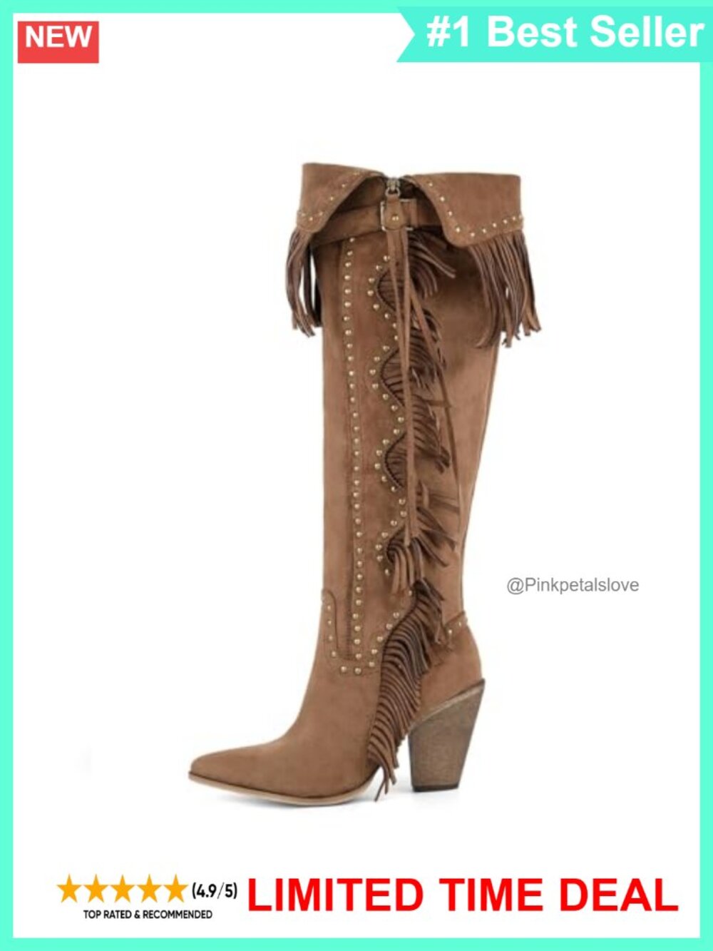 Studded Fringe Suede Knee High Western Boho Boots Chunky Heel